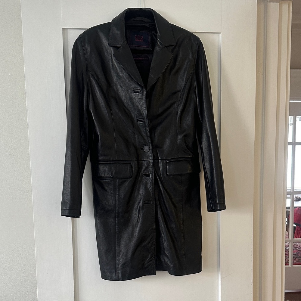 Black Leather Women's trench Coat button front single breasted